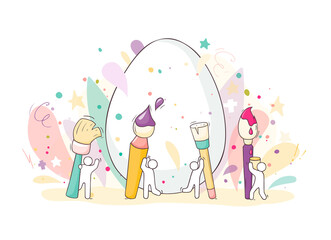 Cartoon people painting Easter eggs
