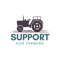 Support our farmer logo template. Farming badge with tractor. Stock vector badge