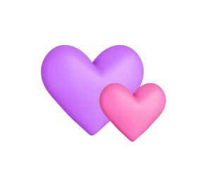 Fototapeta na wymiar two matte soft violet and pink hearts isolated on white. 3d illustration