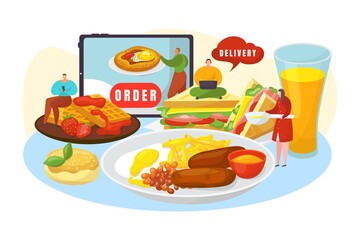 Order food delivery online isolated vector illustration. Take away fast food, pizza, hamburger fast delivering. Deliveryman processing online order at the client customer door lunch or dinner meal.