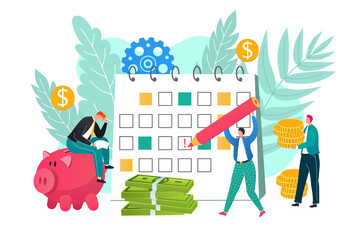 Fototapeta premium Payday loans concept, business application for money loan vector illustration. Man with pen on payment schedule day calendar pay day deadline, money overdue. Finance information of debts.