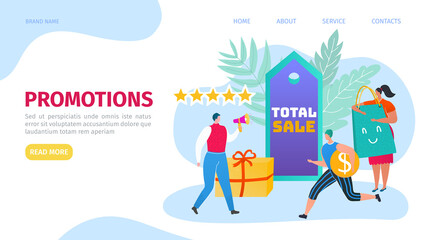 Promotion and advertising website landing, website development vector illustration. Social media campaign, marketing. Total sale for promoted product. Promoter with megaphone. Promo page.