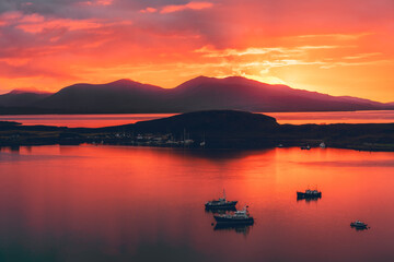 sunset over Oban, Isle of Kererra, and Isle of Mull