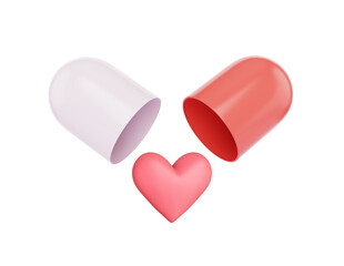 Opened capsule pill with falling red heart isolated on white background. Element design for medical pharmaceutics love concept, 3d render