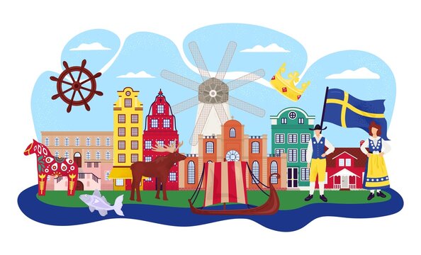 Stockholm Sweden cartoon travel vector illustration. Buildings, landmarks and tourism symbols. Gamla stan old city, scandinavian souvenirs, flag and swede people in national costumes.