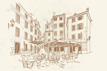 Vector sketch of architecture of Rovinj, Croatia. Retro style.