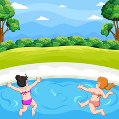 Fototapeta na wymiar Two children are playing together in the pond