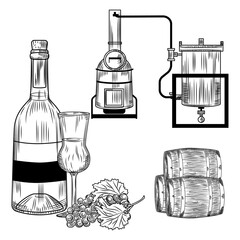 Grappa set on white background. Italian alcohol in style retro engraving bottle, glass, grapes, alembic.