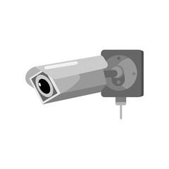 Fototapeta na wymiar Rectangular CCTV camera on white backdrop. Equipment surveillance for protection, safety and watching in style flat design.