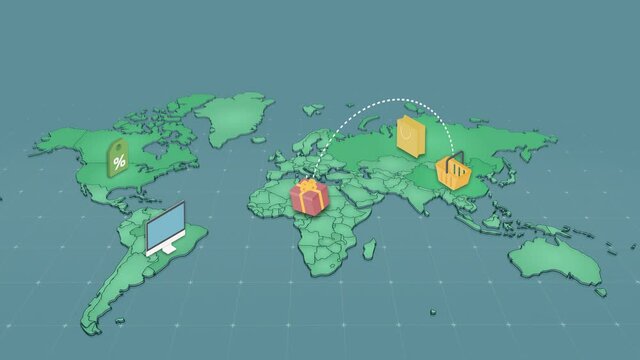 This is a world map, 3D rendering, shopping all around the world,