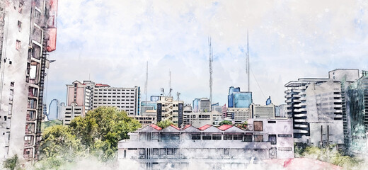 Abstract Building in capital on watercolor painting background and City on Digital illustration brush to art.