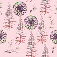 Abstract elements, flowers and circles, seamless pattern.