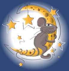 A gray mouse sits on a cheesy moon, and stars are tied to the moon on strings. The drawing is drawn on a blue background. Stock vector illustration.