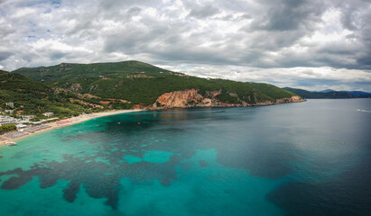 Aerial panorama of beautiful beach of Lichnos, Close to parga in Greece. Photo taken on a cloudy but still amazing day