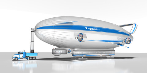 3d Luftschiff. Zeppelin am Ankermast nach der Landung auf dem Flughafen, freigestellt