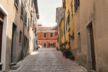 The town center with traditional historic houses, old narrow street and flower pots in the small Istrian city Buzet, Croatia