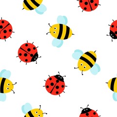 seamless pattern with cute insects. bee, ladybug cartoon style