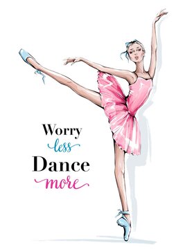 Fototapeta Hand drawn beautiful dancing woman. Pretty ballerina. Girl in pink dress. Beautiful female ballet dancer. 