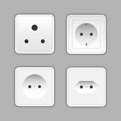Set of sockets and switches. Power electrical socket different modern round switches.  Power electrical socket electricity turn off and on plug realistic pictures.
