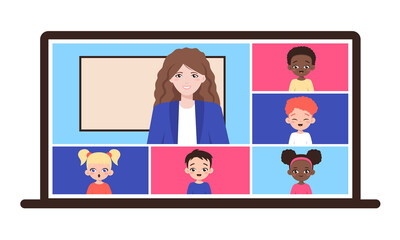 Online school class. Teaching and learning from home with video conference call on laptop. Children studying on computer. Remote education. Vector in flat style isolated on white background