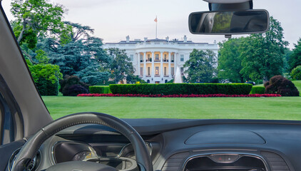 Car windshield view of the White House, Washington DC, USA