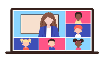 Online school class. Teaching and learning from home with video conference call on laptop. Children studying on computer. Remote education