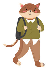 Funny cartoon animal student isolated on white background. A cat schoolboy wearing in school uniform. Smart active pupil with a school bag on his shoulders. Back to school, education theme