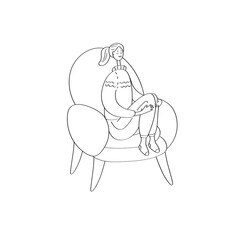 Happy young woman sitting in chair. Cozy home rest. Linear hand drawn vector illustration