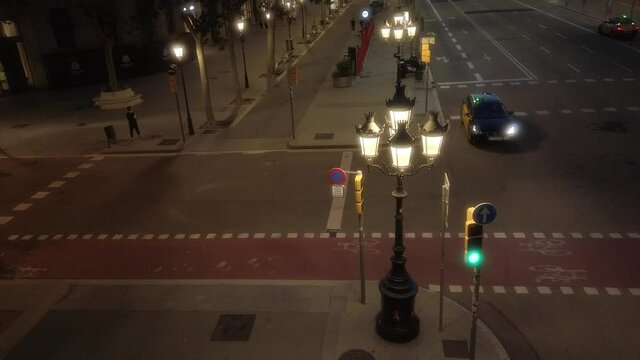 Barcelona. Empty street. Paseo de Gracia, Pedrera, during coronavirus pandemic. Aerial