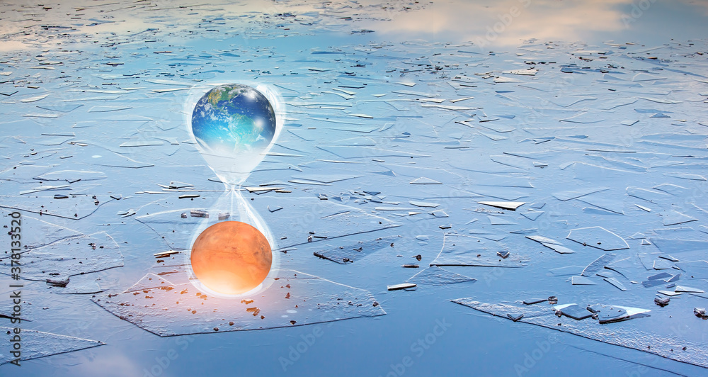 Aufkleber Global warming concept-Planet Earth is becoming a dead planet like Mars - Hourglass inside Planet Earth and Mars isolated- 