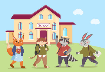 Obraz na płótnie Canvas Animals students go to study. Illustration of cartoon schoolchildren near school building. Collection of funny vector schoolkids. Characters of forest inhabitants get an education, studying with books