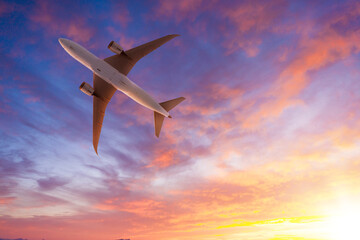 Huge commercial airplane shot from low level view.