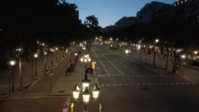 Barcelona. Empty street. Paseo de Gracia, Pedrera, during coronavirus pandemic. Aerial