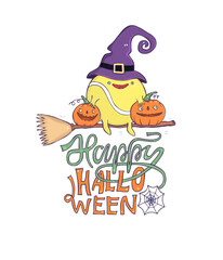 Cute illustration with tennis ball, broom and pumpkins for Halloween. Colored design for postcard, poster, tennis shirts. Typography design for sports on a white background, lettering. Kawaii style.