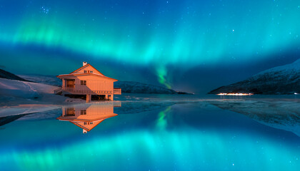 Landscape with house at night under green aurora sky - Northern lights (Aurora borealis) in the sky...