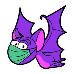 Funny Bat Cartoon Character wears a mask and fly away avoid infection or pandemic Vector