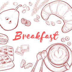 Breakfasts, top view frame, hand drawn sketch vector illustration, food menu design. Engraved style image. Traditional breakfast.