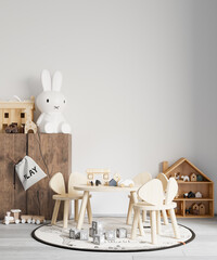 Interior background mock up in children room with natural wooden furniture, 3d illustration, 3d rendering
