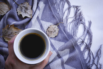 Hand holding cup of black coffee on blue / grey & white print blanket. Autumn winter composition with dry leaves. Cozy and relaxing still life photography.