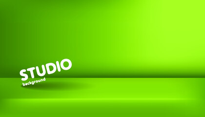 Realistic template of empty green studio, photostudio, table, room. Used as background for display or advertise your products. Vector illustration