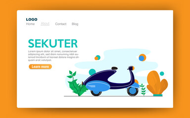 Illustration of a motorcycle with a colorful background with green bush and sky. Can be used for websites or landing pages.