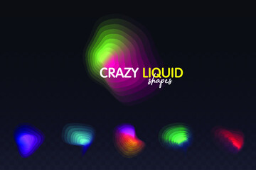 Set of colorful blended gradient shapes isolated on black transparent background. Abstract liquid shapes. Bright smooth bubbles. Geometric halftone colorful gradient. Vector Illustration