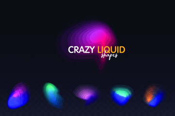 Set of colorful blended gradient shapes isolated on black transparent background. Abstract liquid shapes. Bright smooth bubbles. Geometric halftone colorful gradient. Vector Illustration