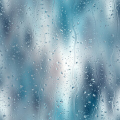 Seamless rain drop water repeat pattern on blur. High quality illustration. Realistic digital render of water droplets and drips on a blurred out pattern background. Pure water with light refraction.