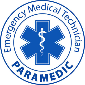 EMT Emergency Medical Technician Paramedic Text And Star Of Life Symbol Blue Icon Isolated On White Background.