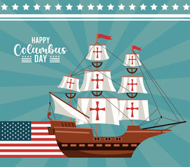 Obraz na płótnie Canvas happy columbus day celebration with sailboat and usa flag