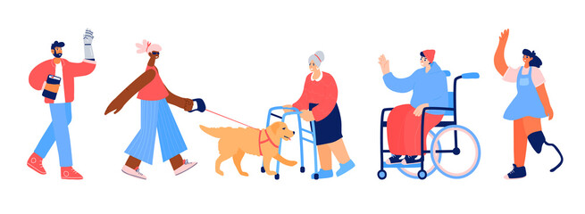 Set of characters with disabilities. People with leg and hand prothesis, young man in wheelchair, blind girl with guide-dog and old woman with walker isolated on white background.