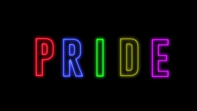 Neon text of "PRIDE" with colorful letter, rainbow style. Concept of lesbian, gay, bisexual, transsexual and queer.
