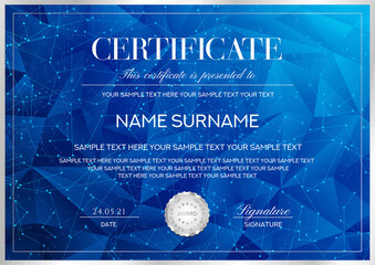 Certificate template with geometric poly pattern (triangle shape texture) and curved digital lines. Abstract blue technology background for Diploma, modern award design