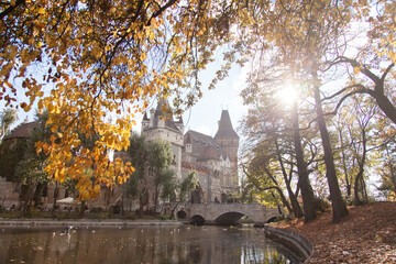 Autumn in Budapest, Hungary. Vajdahunyad castle in park. Amazing cityscape in Europe